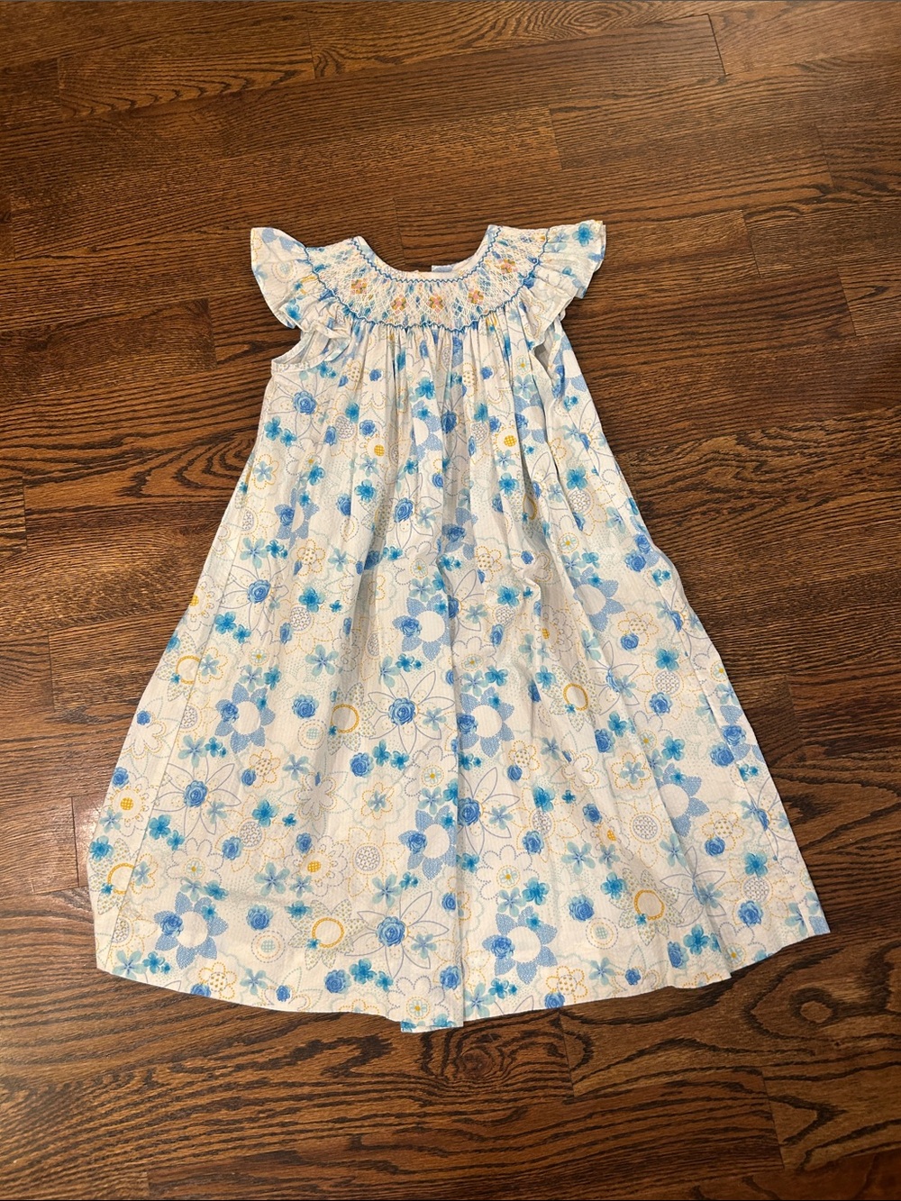 Smocked Floral Blue & White Girls' Formal Dress
